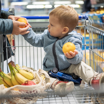 Mom is grocery shopping with her toddler.
